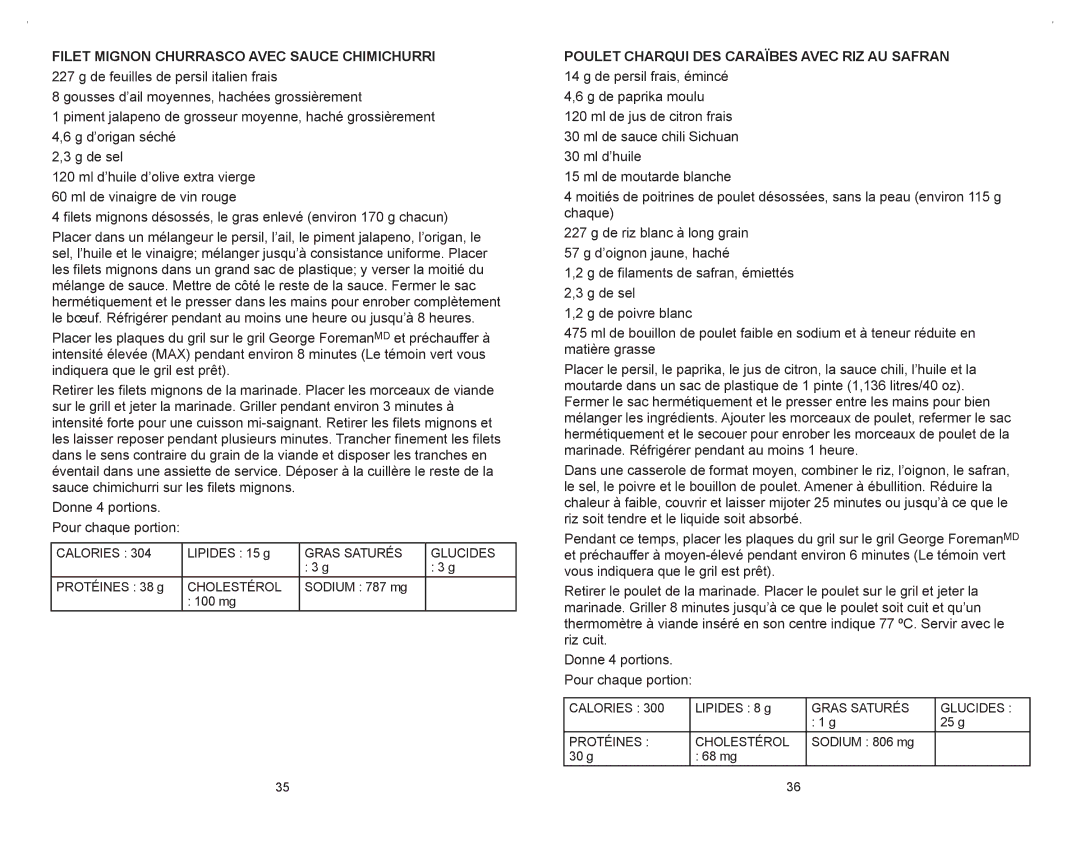 George Foreman GRP106QPGR4CAN manual Filet mignon churrasco avec sauce chimichurri 