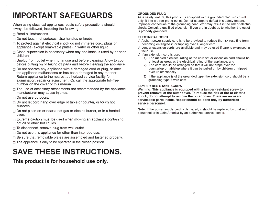 George Foreman GRP106QPGR4CAN manual Grounded Plug, Electrical Cord, TAMPER-RESISTANT Screw 