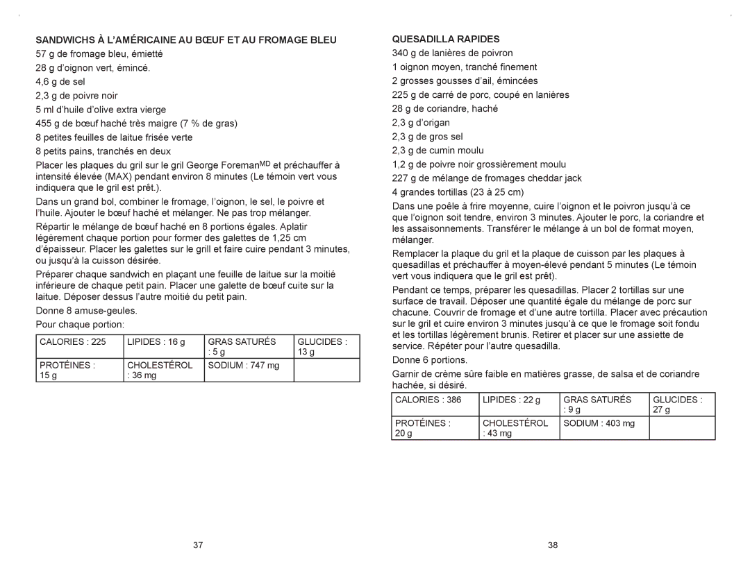 George Foreman GRP106QPGR4CAN manual Sandwichs à l’américaine au bœuf et au fromage bleu, Quesadilla rapides 