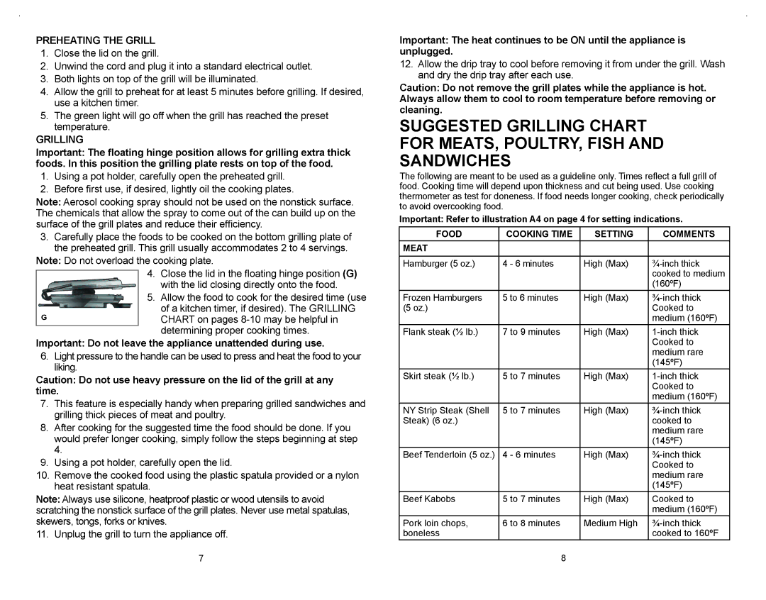 George Foreman GRP106QPGR4CAN Preheating the Grill, Grilling, Important Do not leave the appliance unattended during use 