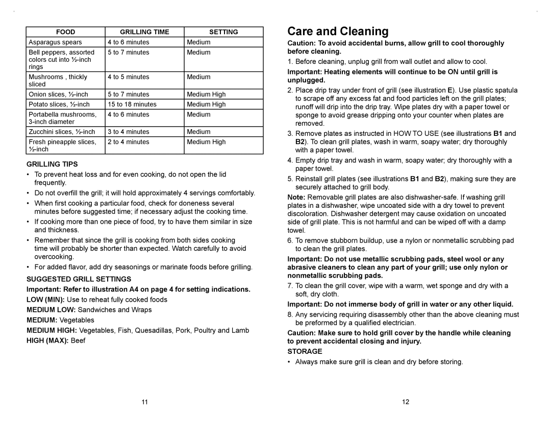 George Foreman GRP106QPGR4CAN manual Care and Cleaning, Grilling Tips, Suggested Grill Settings, High MAX Beef, Storage 