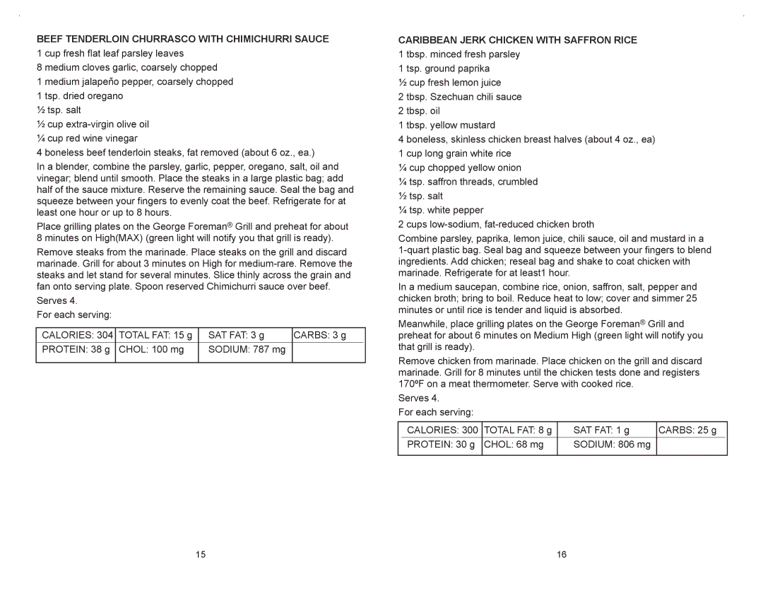 George Foreman GRP106QPGR4CAN Beef Tenderloin Churrasco with Chimichurri Sauce, Caribbean Jerk Chicken with Saffron Rice 