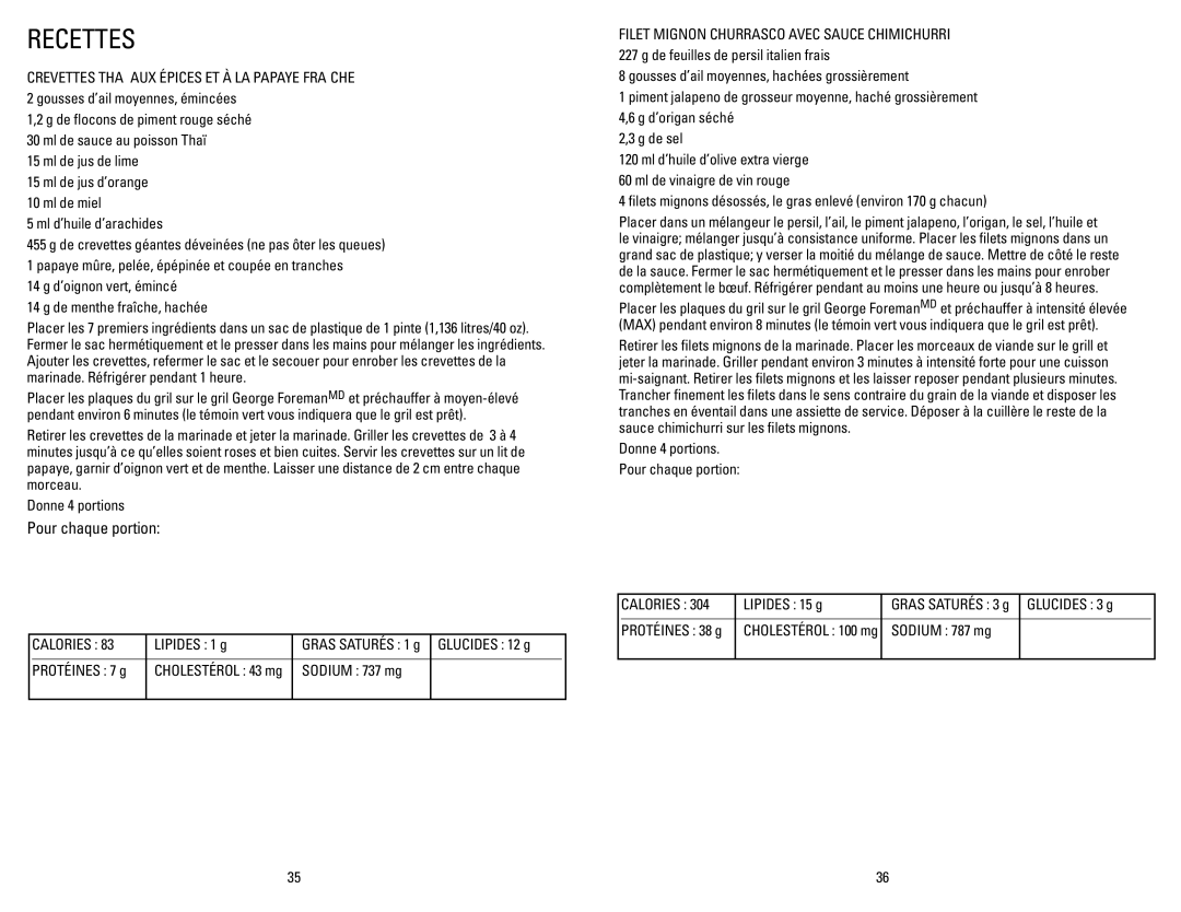 George Foreman GRP106QPGPCAN manual Recettes, Pour chaque portion, Crevettes Thaï aux épices et à la papaye fraîche 