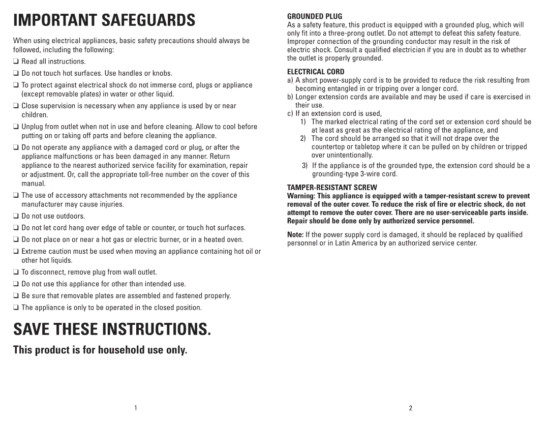 George Foreman GRP106QPGRCAN, GRP106QPGPCAN manual Important Safeguards 