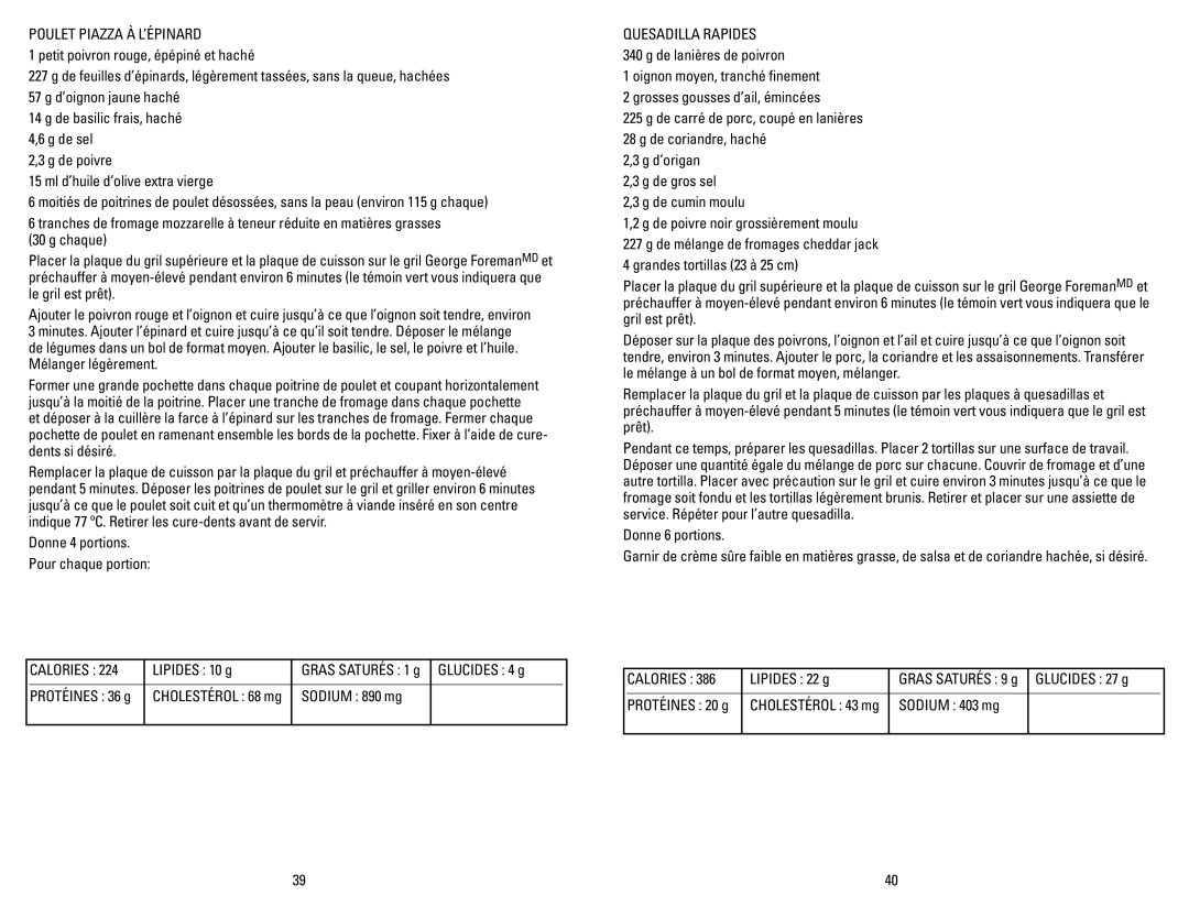 George Foreman GRP106QPGPCAN, GRP106QPGRCAN manual Poulet piazza à l’épinard, Quesadilla rapides 