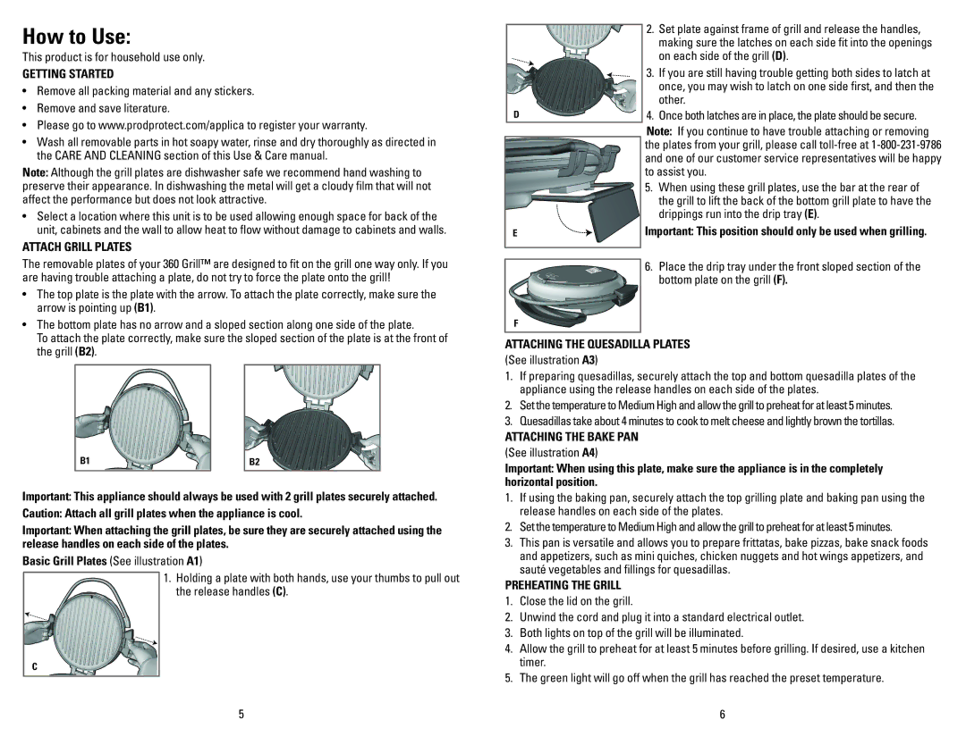 George Foreman GRP106QPGRCAN manual How to Use, Getting Started, Attach Grill Plates, Attaching the Quesadilla Plates 