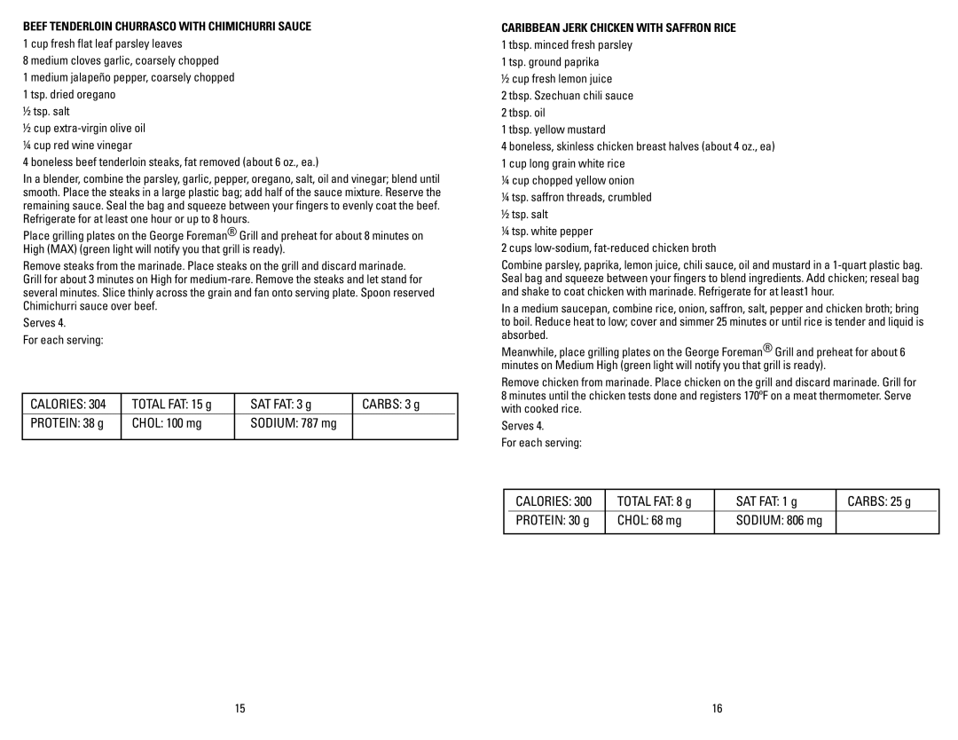 George Foreman GRP106QPGPCAN manual SAT FAT 3 g Carbs 3 g, Chol 100 mg, Total FAT 8 g SAT FAT 1 g Carbs 25 g, Chol 68 mg 