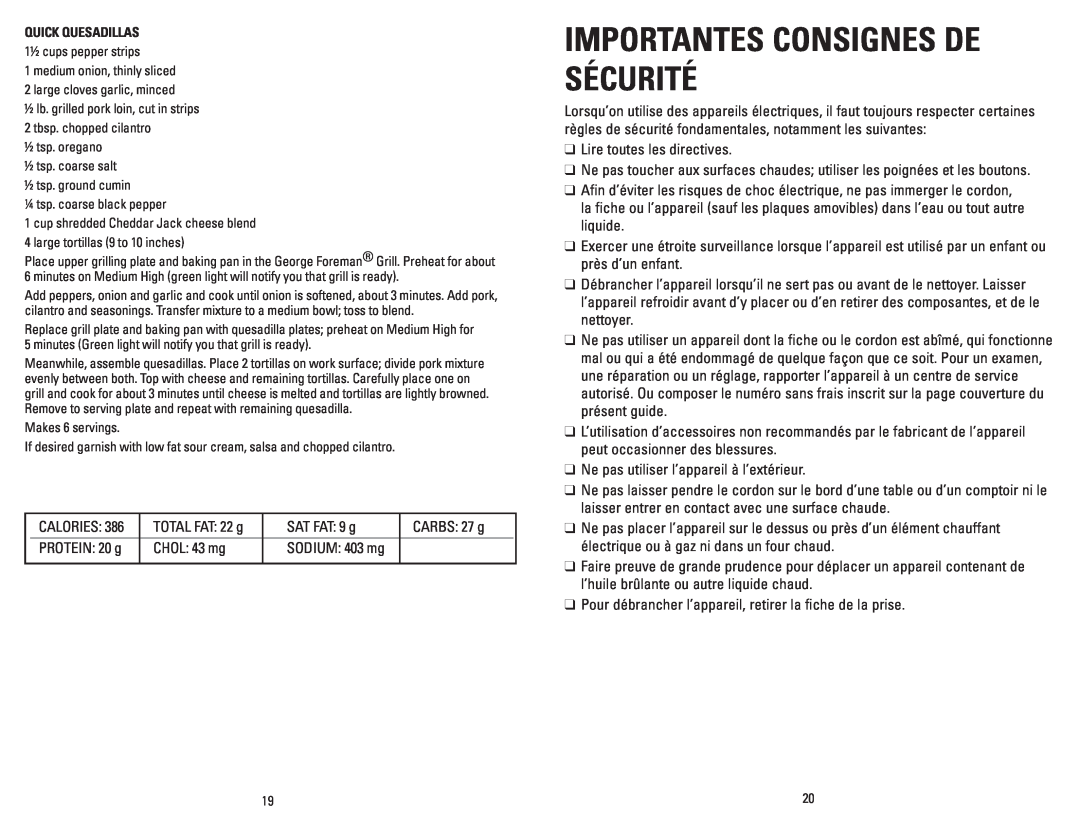 George Foreman GRP106QPGPCAN, GRP106QPGRCAN manual Importantes Consignes De Sécurité 