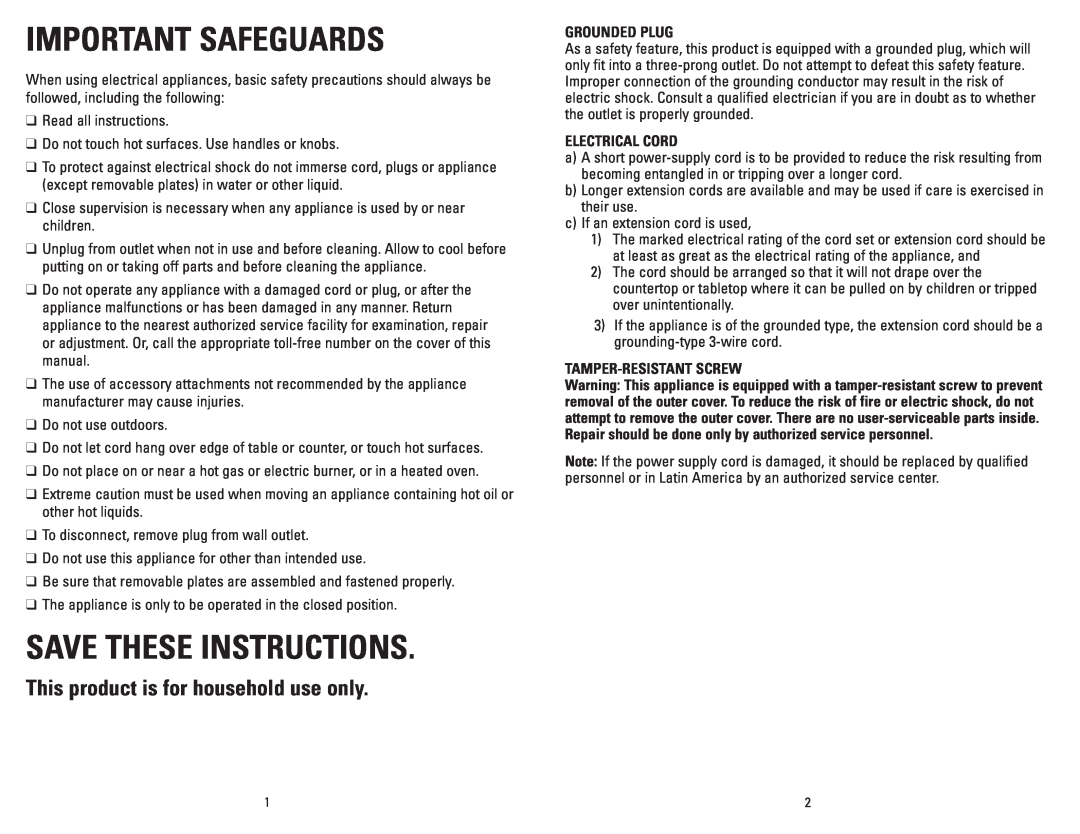 George Foreman GRP106QPGRCAN manual Important Safeguards, Save These Instructions, This product is for household use only 