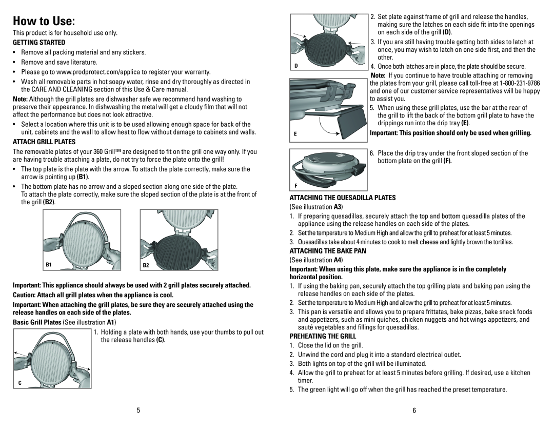 George Foreman GRP106QPGRCAN How to Use, Getting Started, Attach Grill Plates, Basic Grill Plates See illustration A1 