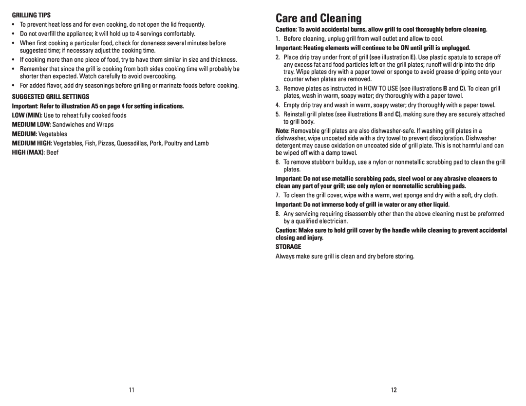 George Foreman GRP106QPGPCAN, GRP106QPGRCAN manual Care and Cleaning 