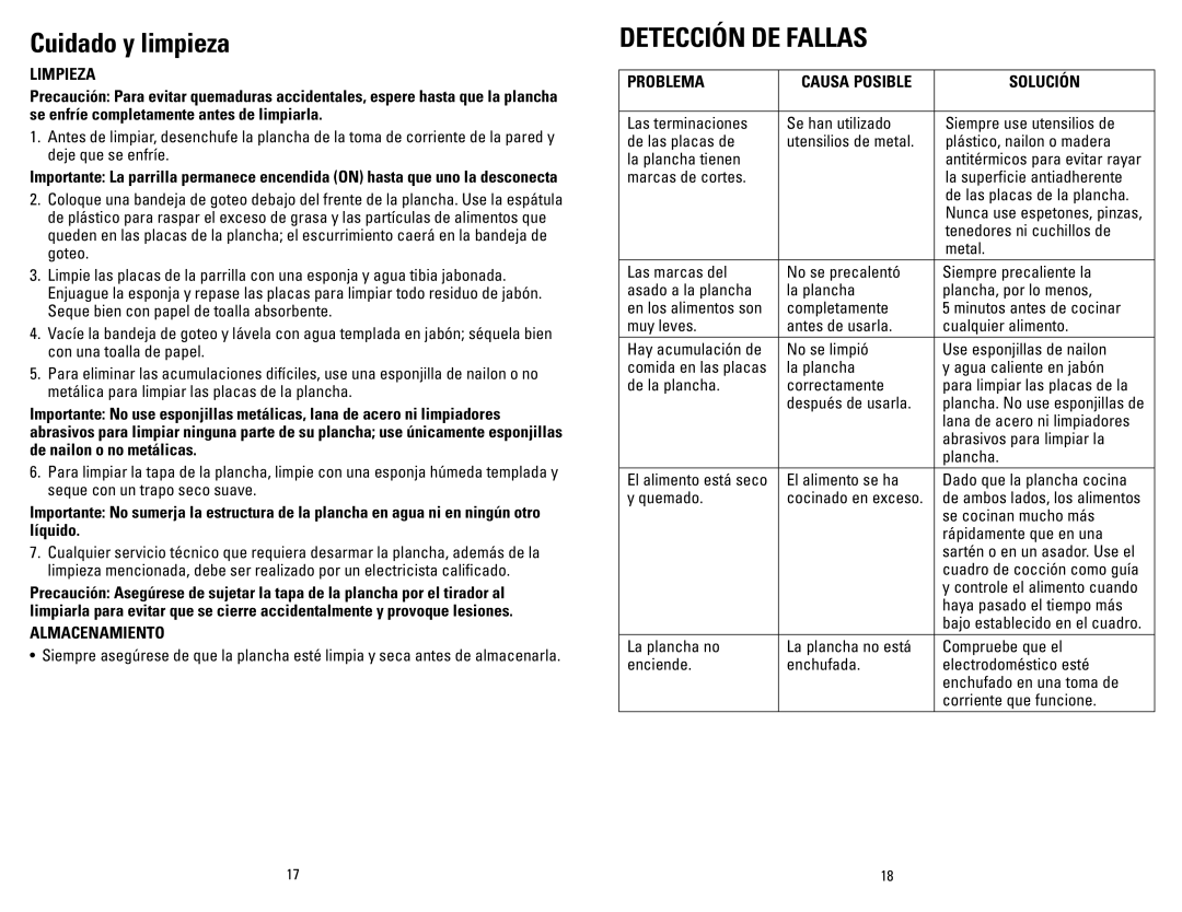 George Foreman GRP3 manual Cuidado y limpieza, Detección DE Fallas 