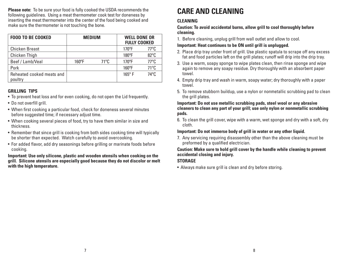 George Foreman GRP3 manual Care and Cleaning 