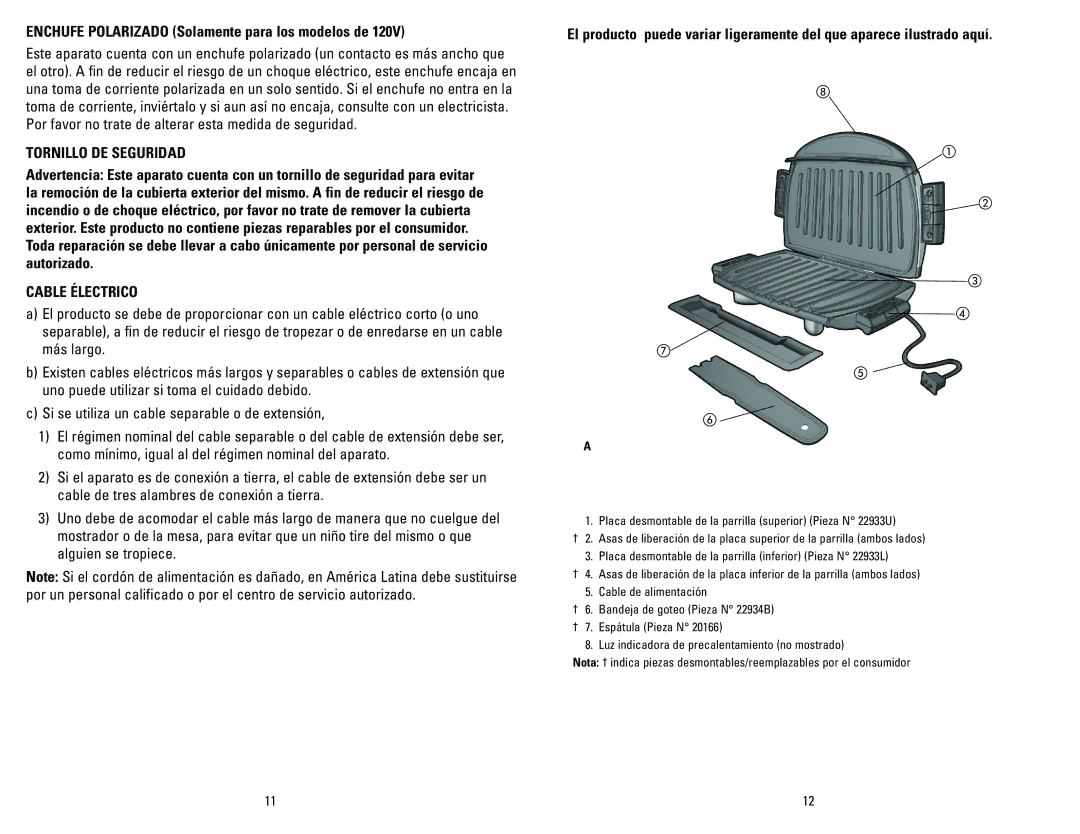 George Foreman GRP3 manual Enchufe Polarizado Solamente para los modelos de, Tornillo DE Seguridad, Cable Électrico 