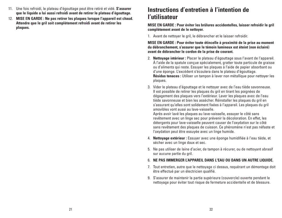 George Foreman GRP3CAN owner manual Instructions d’entretien à l’intention de l’utilisateur 