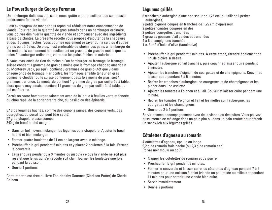 George Foreman GRP3CAN owner manual Le PowerBurger de George Foreman, Légumes grillés, Côtelettes d’agneau au romarin 