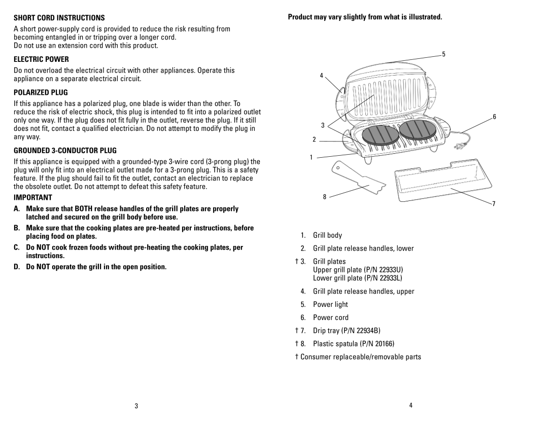 George Foreman GRP3CAN owner manual Short Cord Instructions 