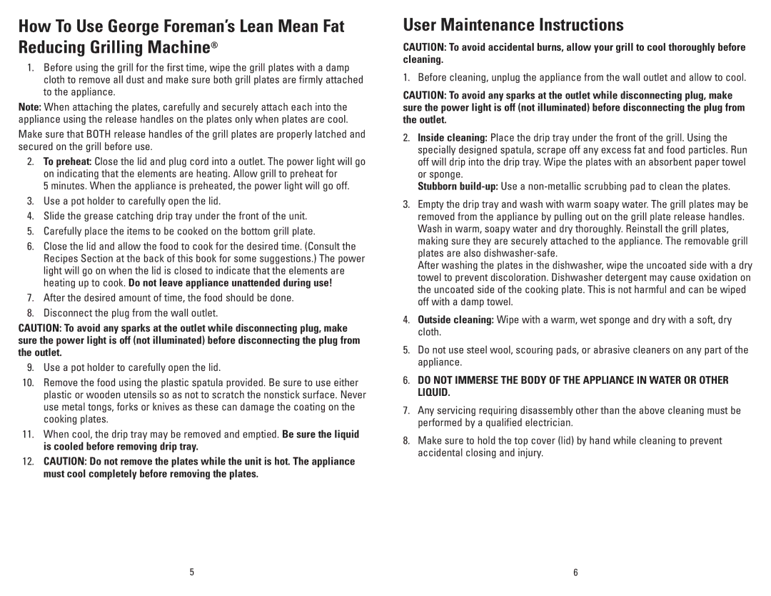 George Foreman GRP3CAN owner manual User Maintenance Instructions 