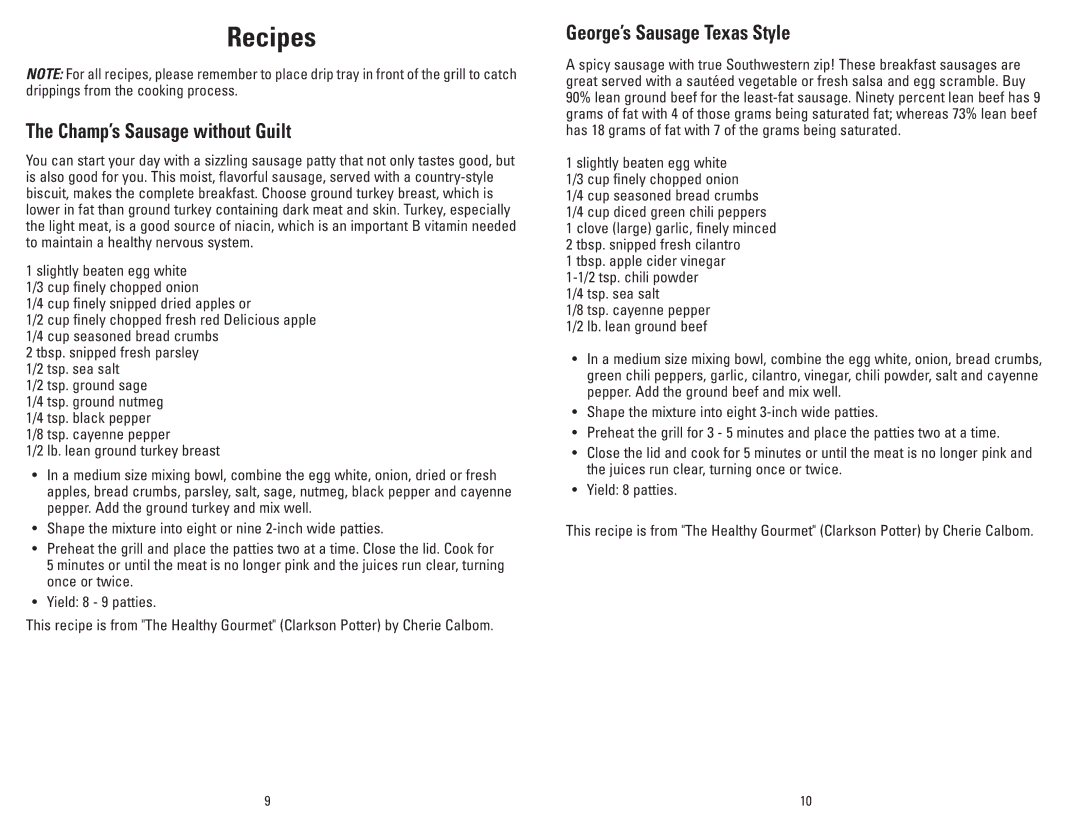 George Foreman GRP3CAN owner manual Champ’s Sausage without Guilt, George’s Sausage Texas Style 