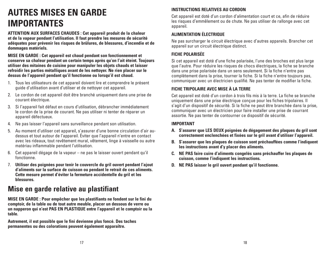 George Foreman GRP3CAN owner manual Autres Mises En Garde Importantes, Mise en garde relative au plastifiant 