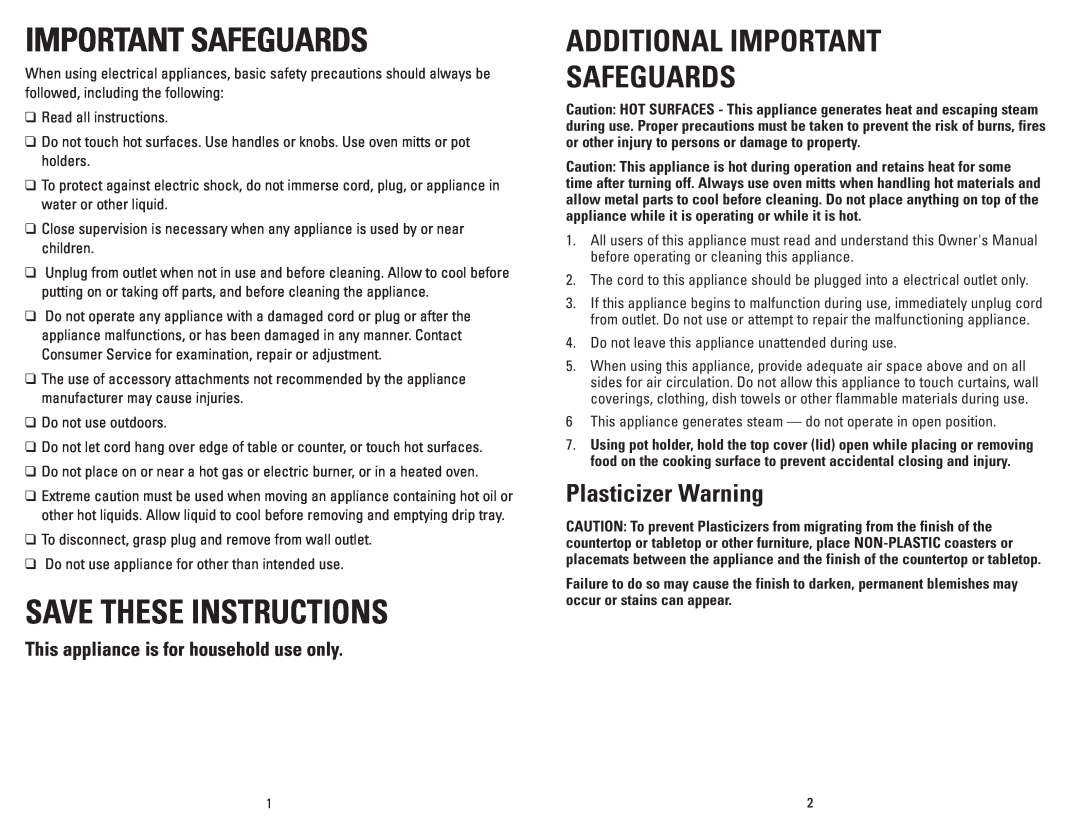 George Foreman GRP3CAN owner manual Additional Important Safeguards, Plasticizer Warning, Save These Instructions 