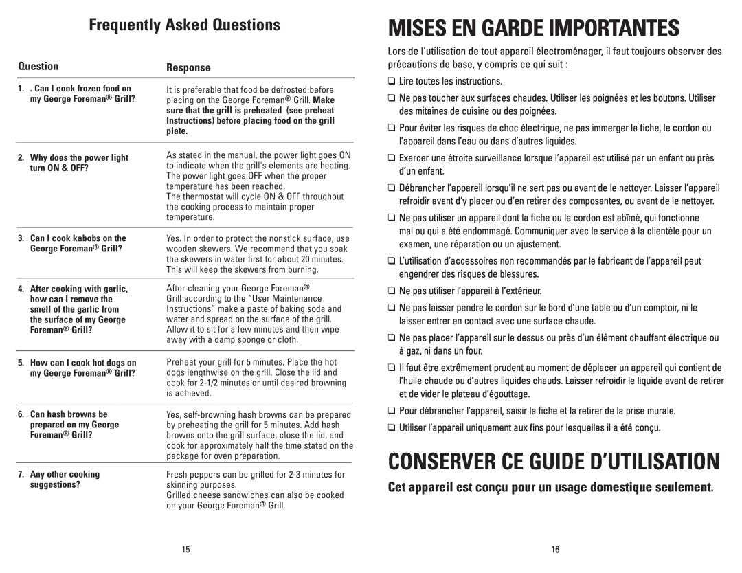 George Foreman GRP3CAN Frequently Asked Questions, Response, Mises En Garde Importantes, Conserver Ce Guide D’Utilisation 