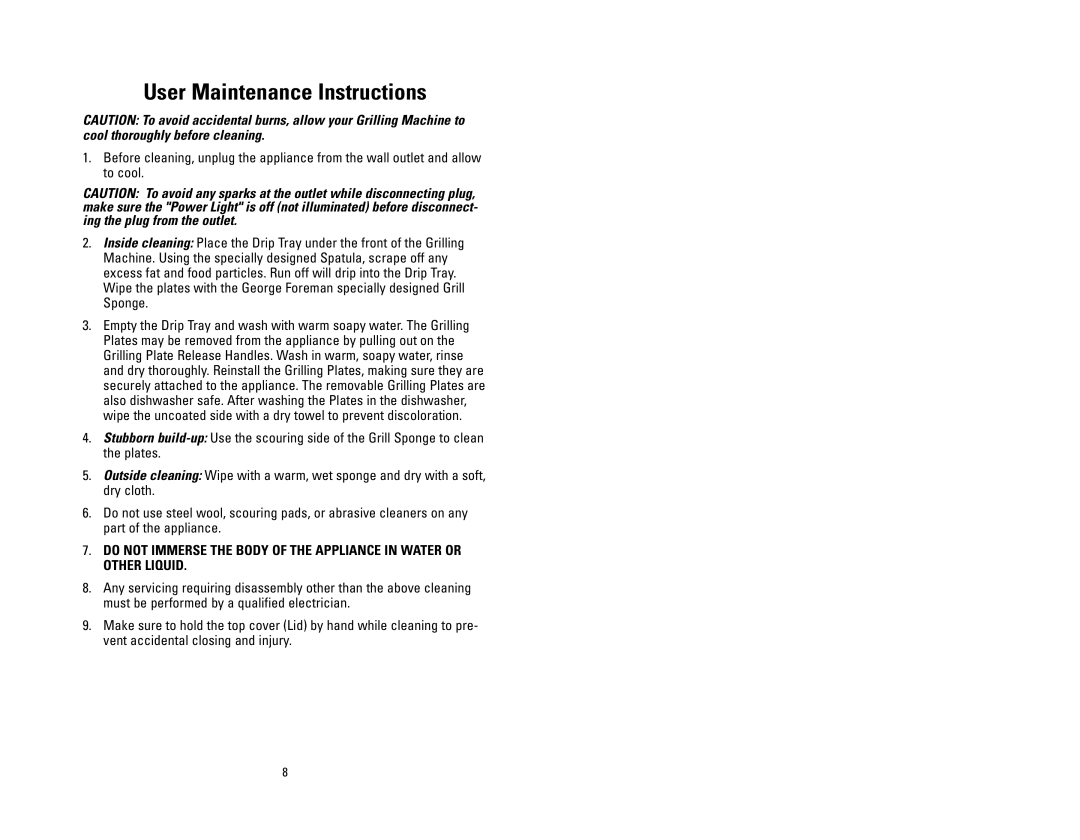 George Foreman GRP4P owner manual User Maintenance Instructions 