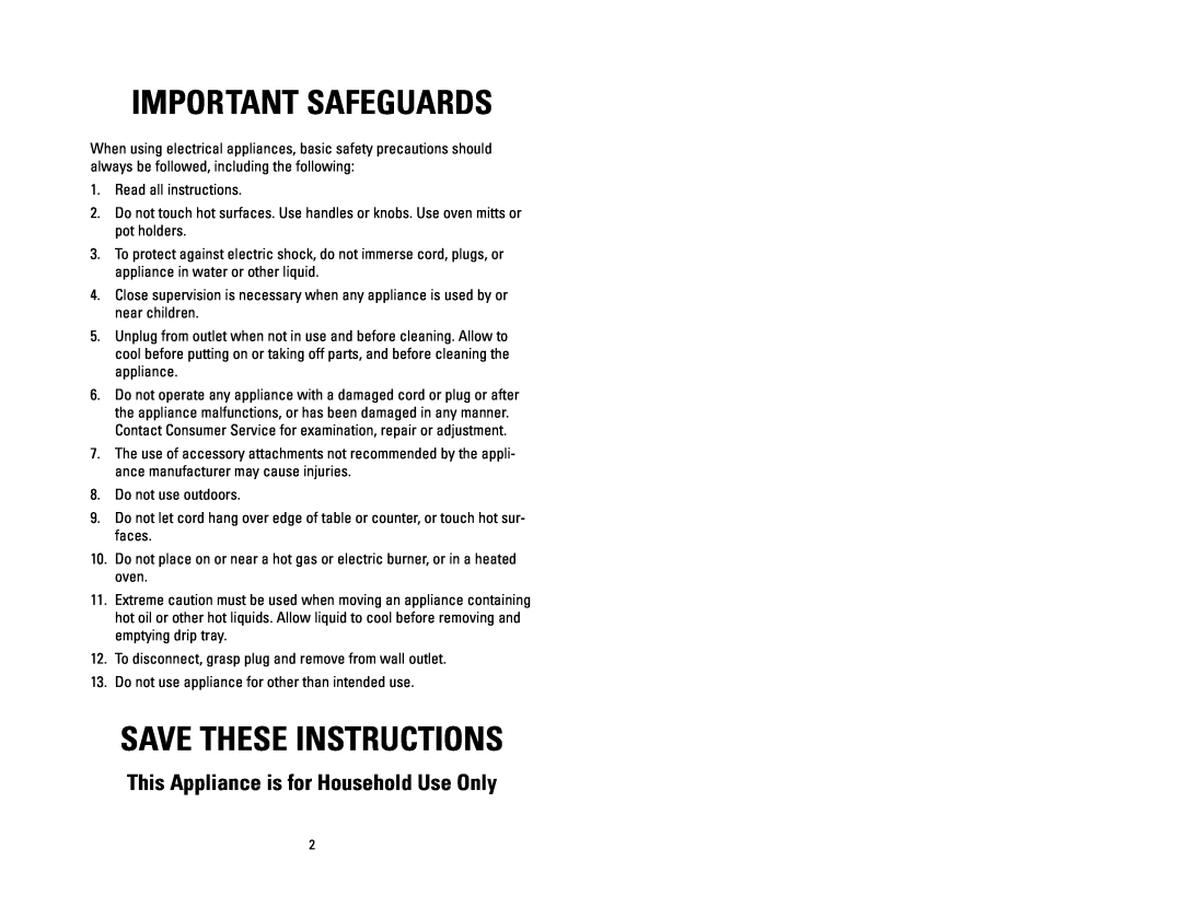 George Foreman GRP4P Important Safeguards, Save These Instructions, This Appliance is for Household Use Only 