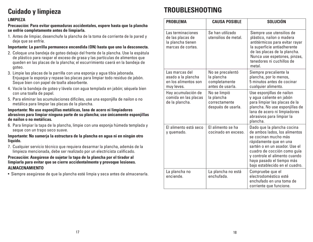 George Foreman GRP46P, GRP46R manual Cuidado y limpieza, Limpieza, Almacenamiento, Problema, Solución 