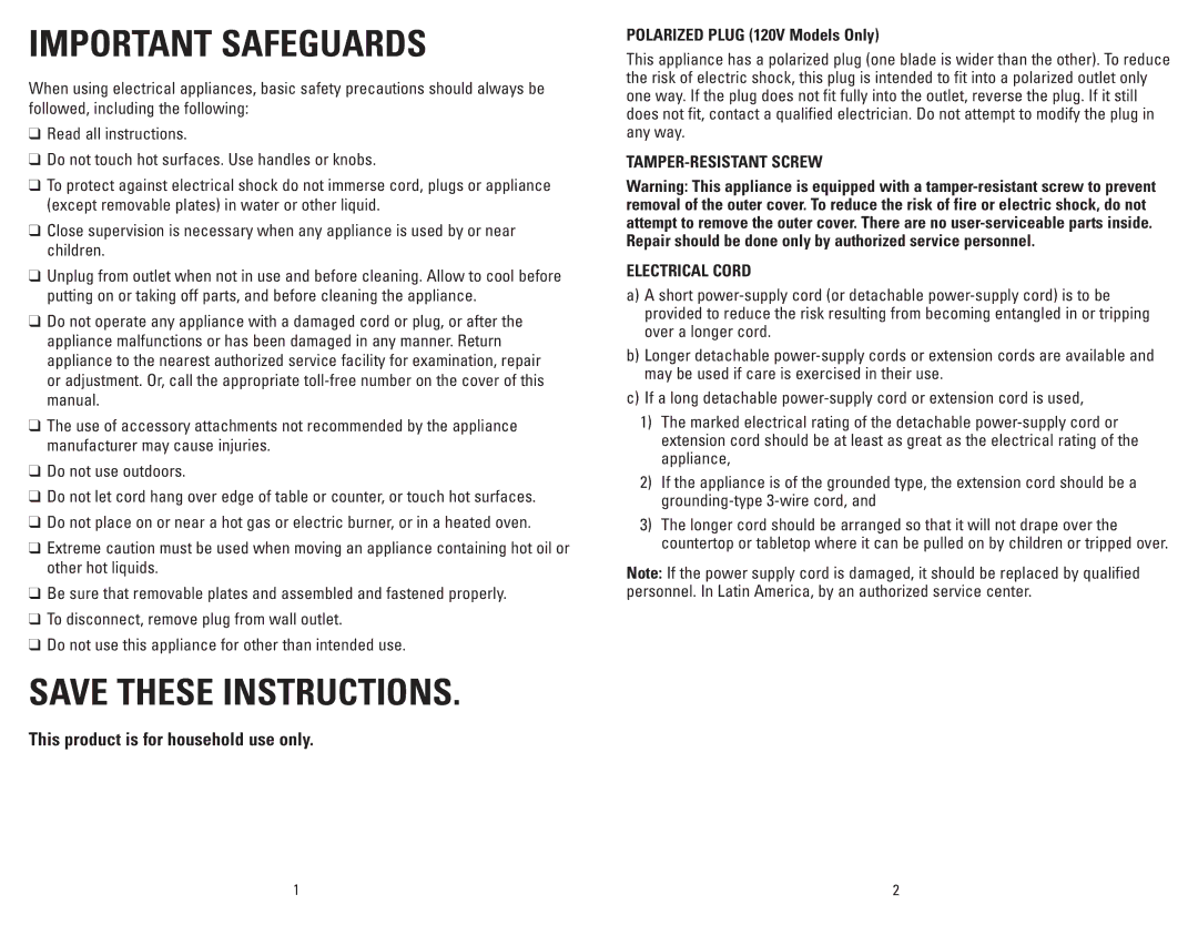 George Foreman GRP46P, GRP46R manual Polarized Plug 120V Models Only, TAMPER-RESISTANT Screw Electrical Cord 