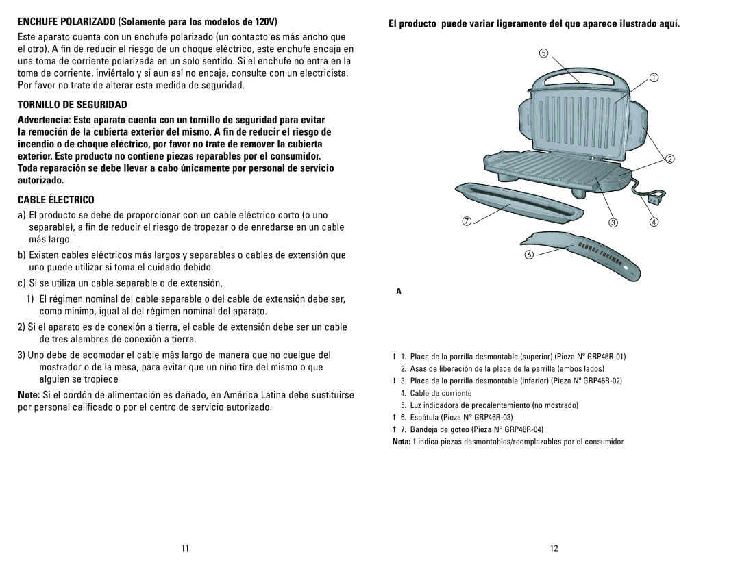 George Foreman GRP46R, GRP46P Enchufe Polarizado Solamente para los modelos de, Tornillo DE Seguridad, Cable Électrico 