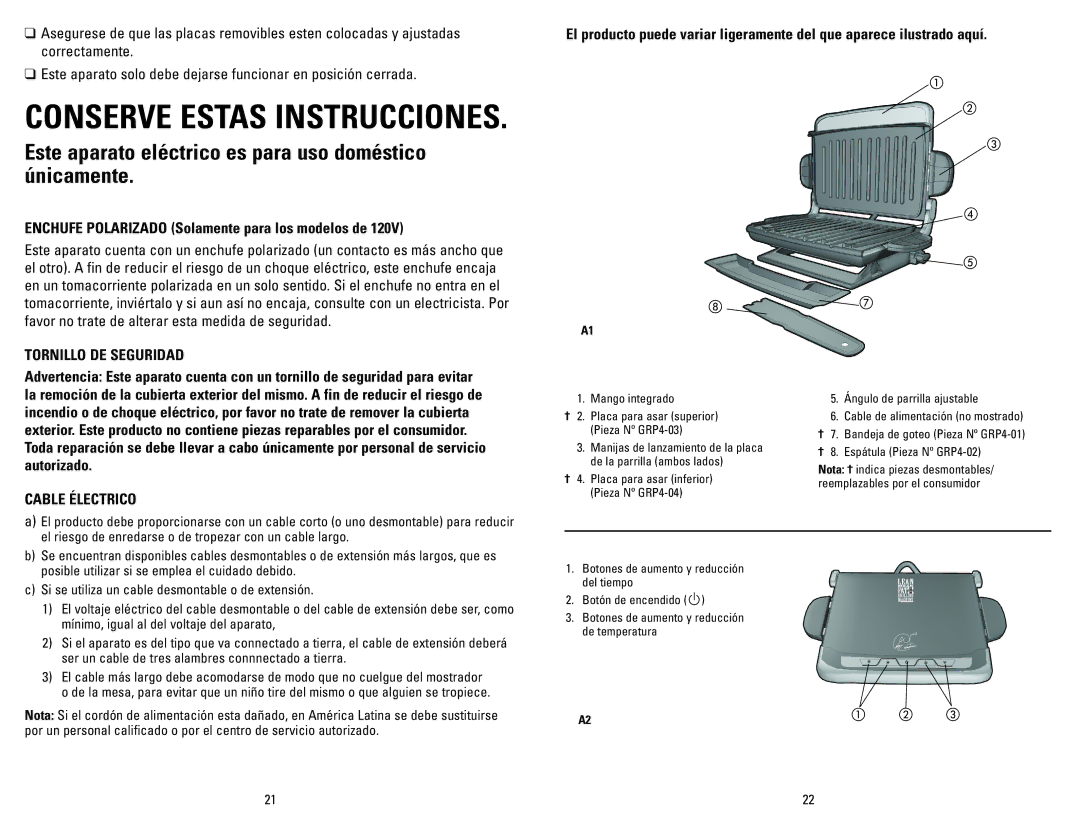 George Foreman GRP4EW, GRP5E manual Enchufe Polarizado Solamente para los modelos de, Tornillo DE Seguridad, Cable Électrico 