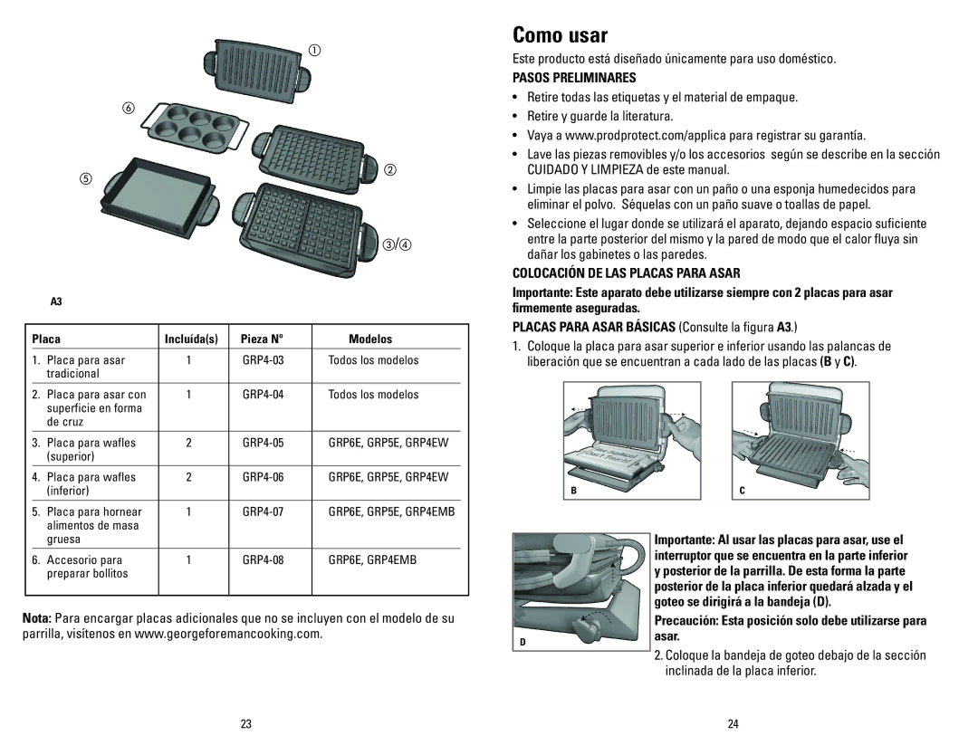 George Foreman GRP5E, GRP4EW, GRP6E, GRP4EMB manual Como usar, Pasos Preliminares, Colocación DE LAS Placas Para Asar 