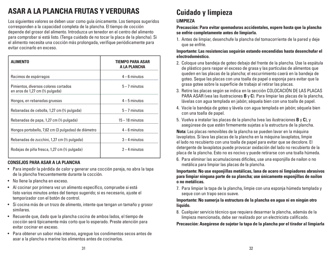 George Foreman GRP5E Asar a LA Plancha Frutas Y Verduras, Cuidado y limpieza, Consejos Para Asar a LA Plancha, Limpieza 