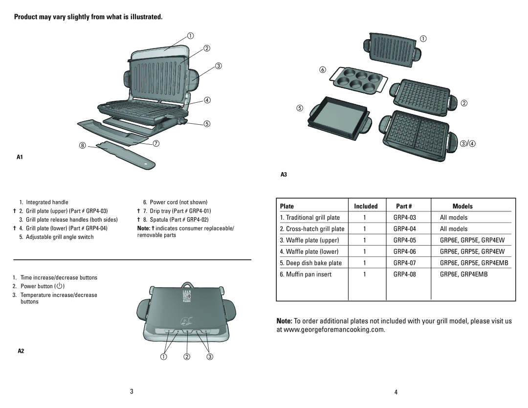 George Foreman GRP4EMB, GRP4EW, GRP5E, GRP6E manual Product may vary slightly from what is illustrated,   / 