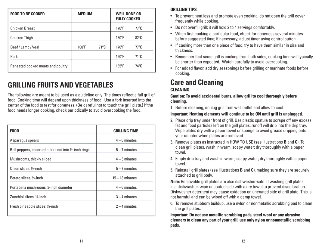 George Foreman GRP4EMB, GRP4EW, GRP5E, GRP6E manual Grilling Fruits and Vegetables, Care and Cleaning, Grilling Tips 