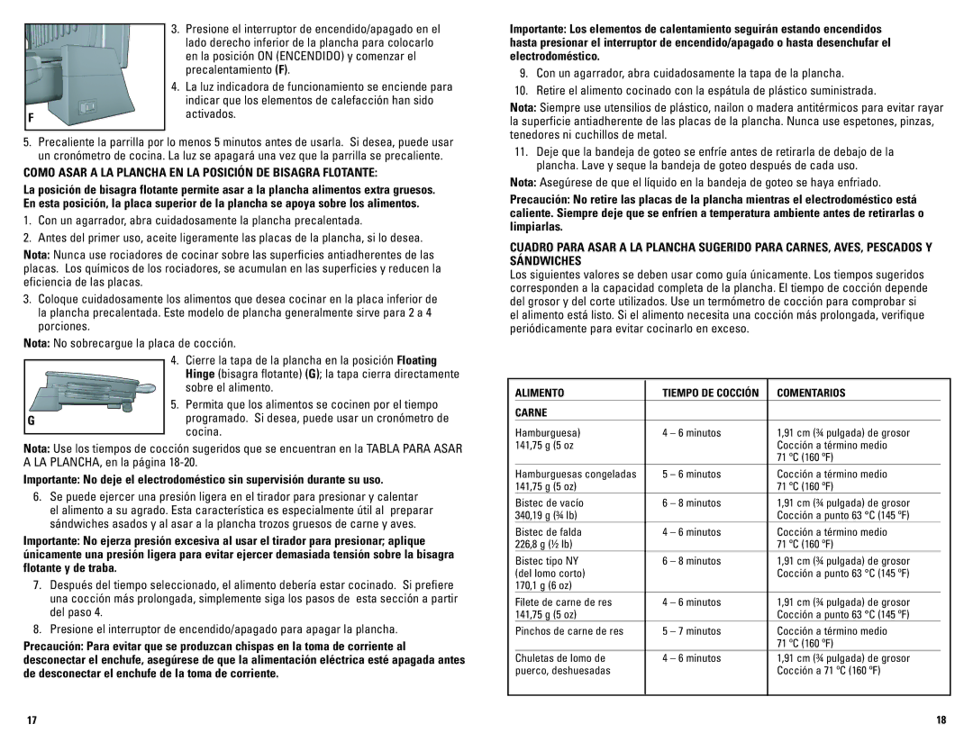 George Foreman GRP72CTB manual Como Asar a LA Plancha EN LA Posición DE Bisagra Flotante, Alimento, Comentarios Carne 