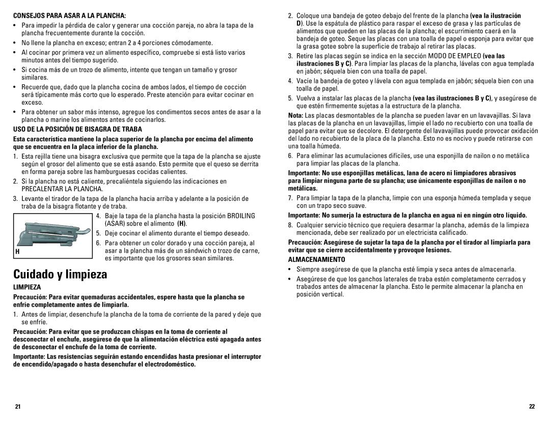 George Foreman GRP72CTB manual Cuidado y limpieza, Consejos Para Asar a LA Plancha, USO DE LA Posición DE Bisagra DE Traba 