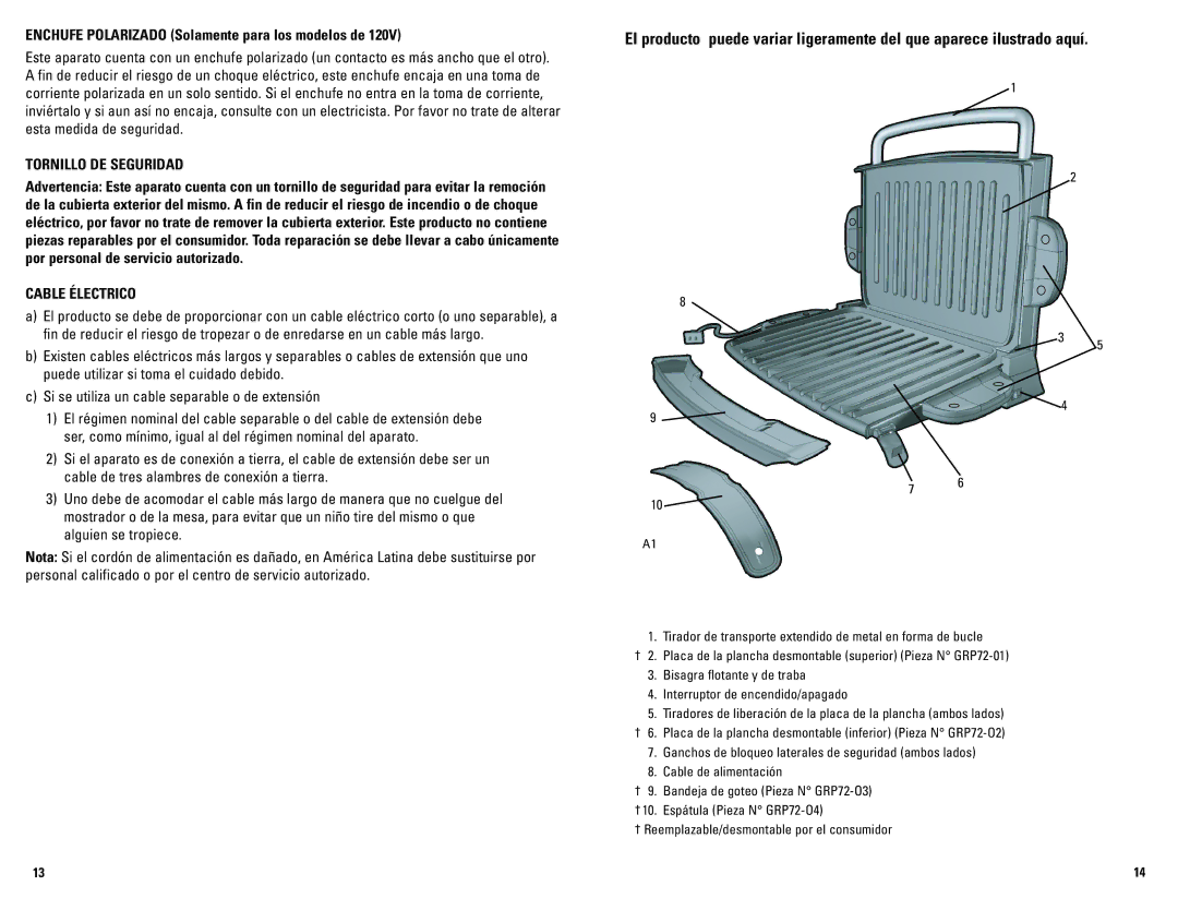 George Foreman GRP72CTB manual Enchufe Polarizado Solamente para los modelos de, Tornillo DE Seguridad, Cable Électrico 