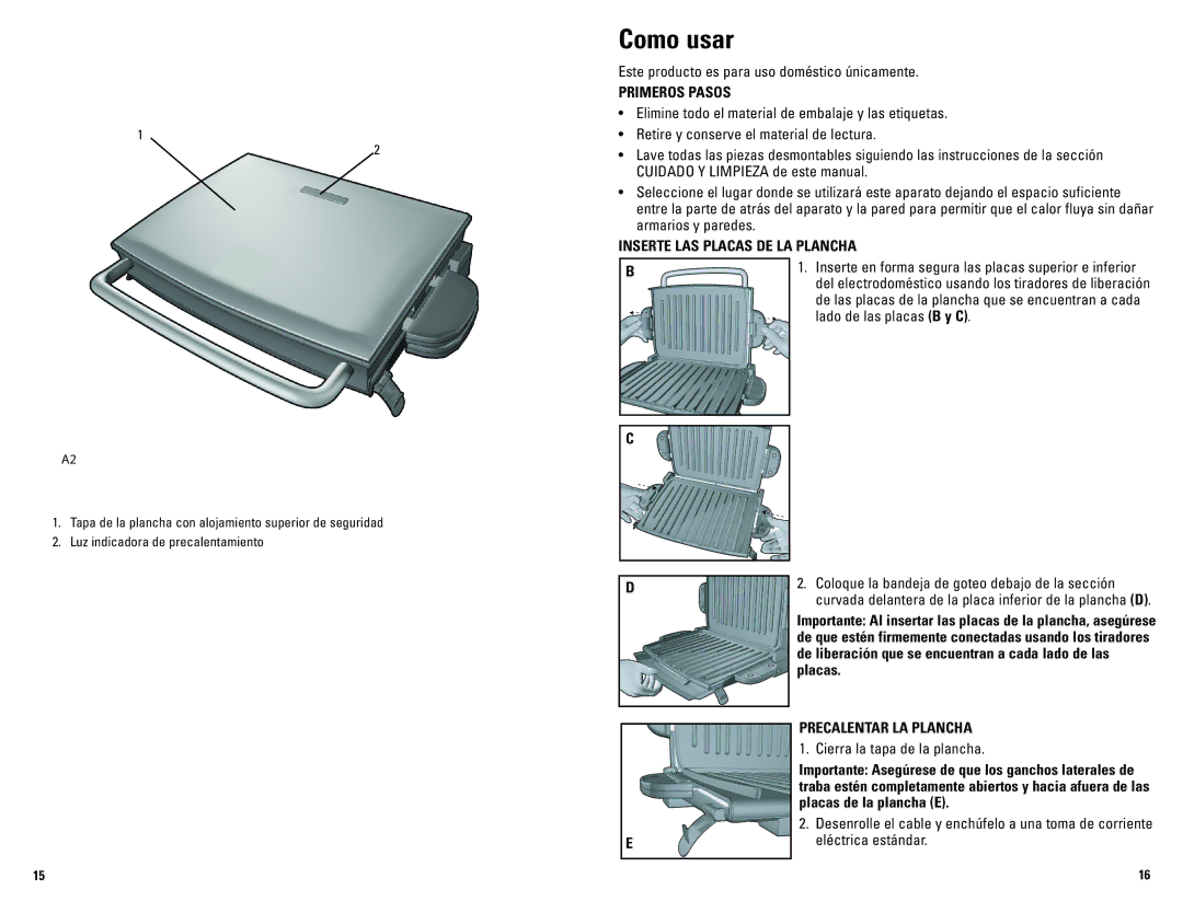 George Foreman GRP72CTB manual Como usar, Primeros Pasos, Inserte LAS Placas DE LA Plancha, Precalentar LA Plancha 