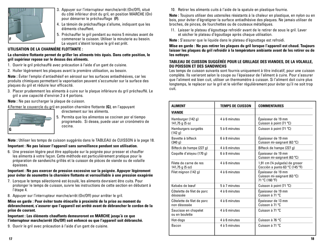 George Foreman GRP72CTBCAN manual Utilisation DE LA Charnière Flottante, Aliment Temps DE Cuisson Commentaires Viande 