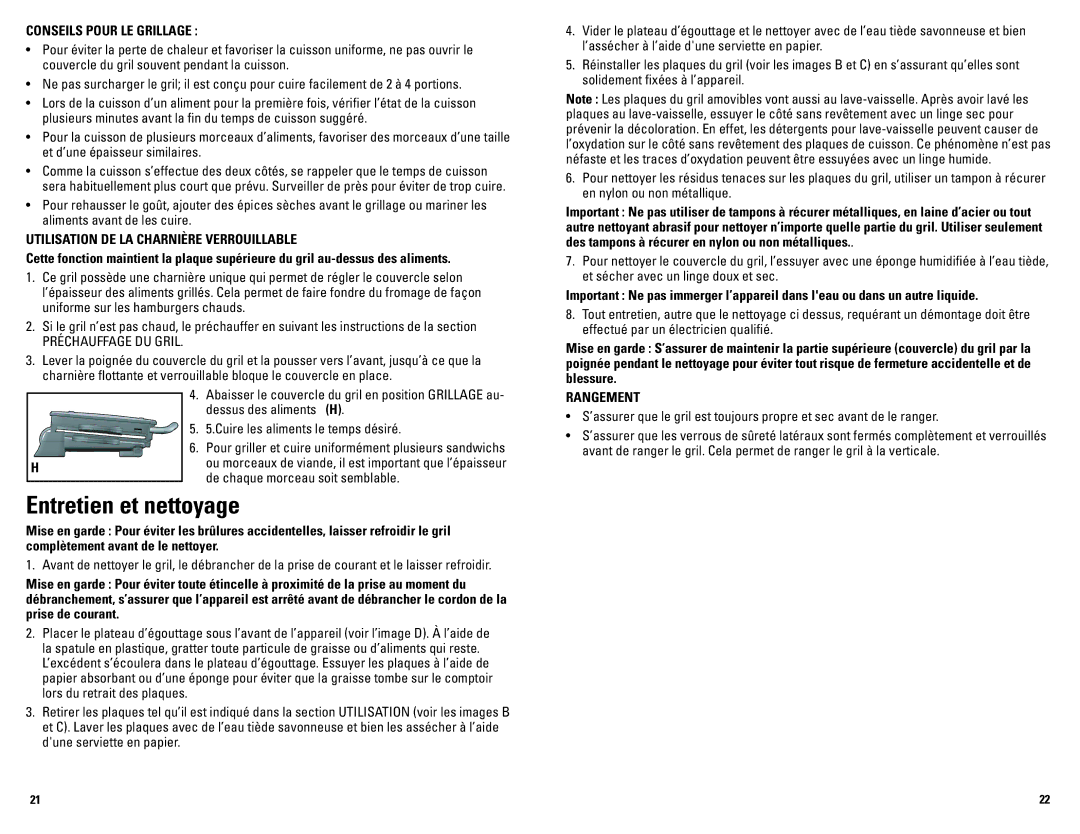 George Foreman GRP72CTBCAN Entretien et nettoyage, Conseils Pour LE Grillage, Utilisation DE LA Charnière Verrouillable 