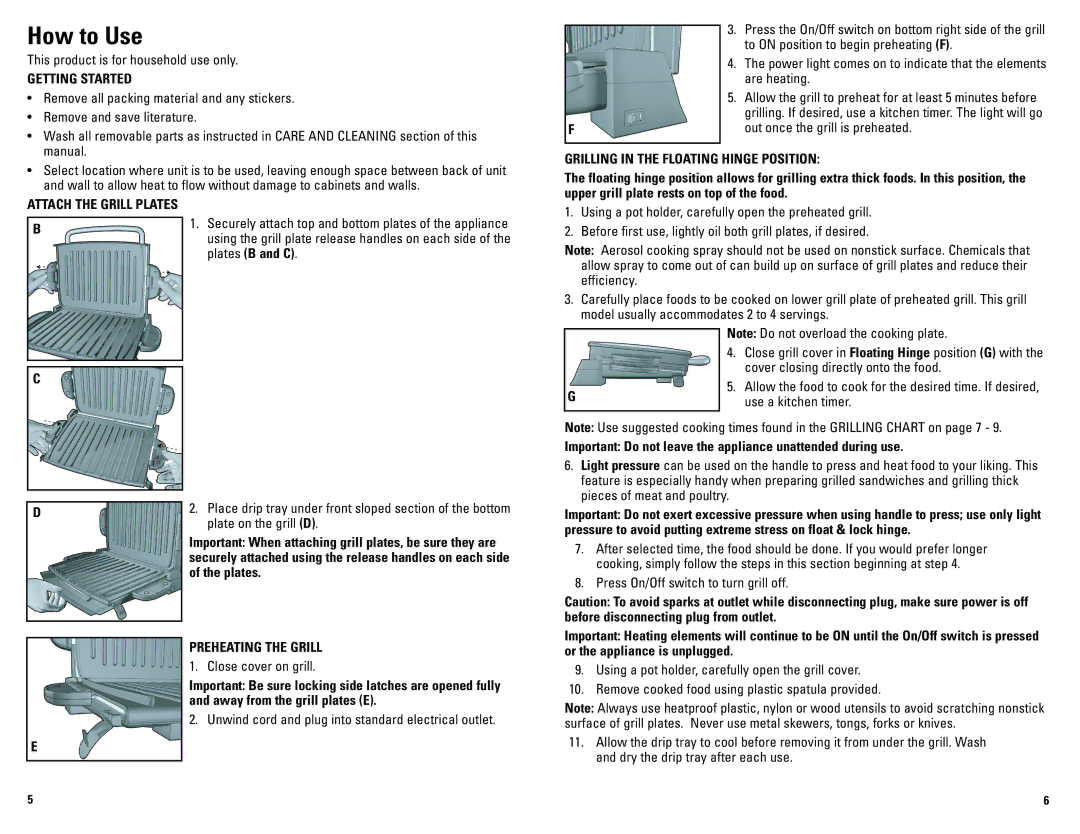 George Foreman GRP72CTBCAN How to Use, Getting Started, Grilling in the Floating Hinge Position, Preheating the Grill 