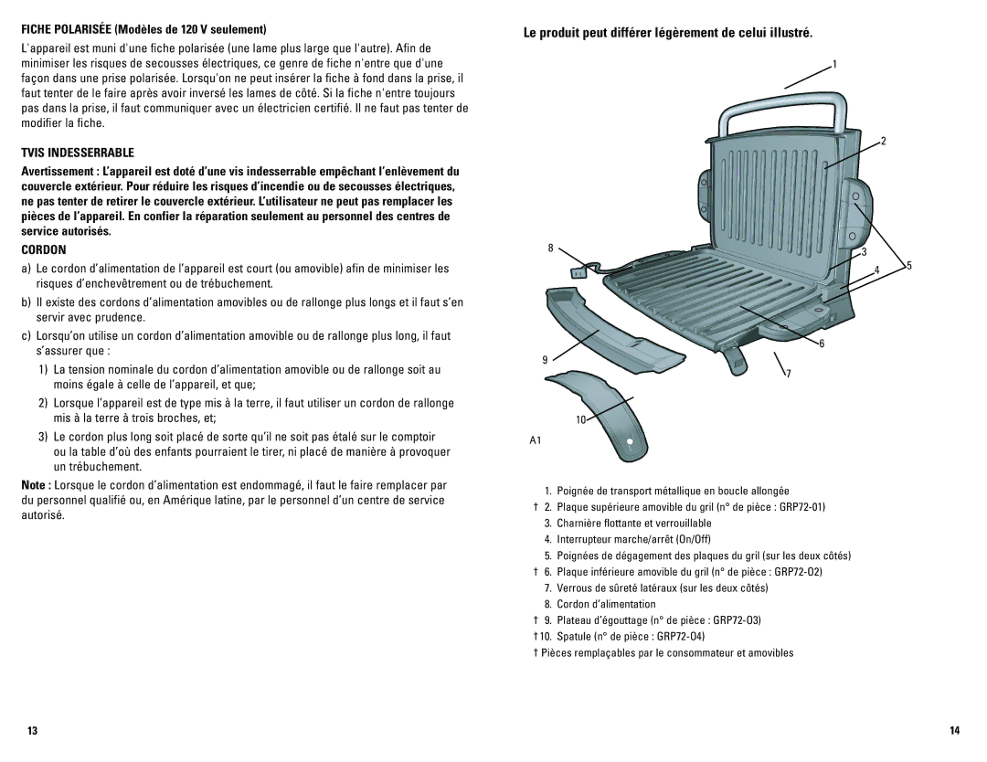 George Foreman GRP72CTBCAN manual Fiche Polarisée Modèles de 120 V seulement, Tvis Indesserrable, Cordon 