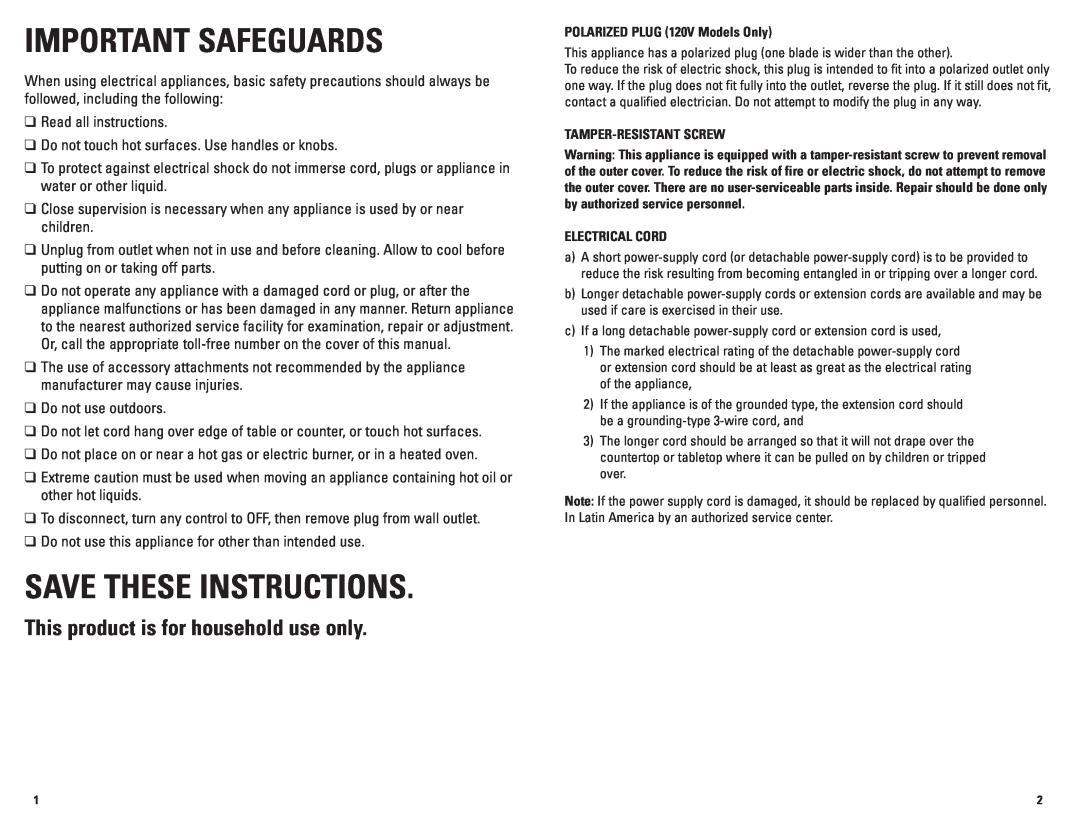 George Foreman GRP72CTBCAN manual Important Safeguards, Save These Instructions, This product is for household use only 
