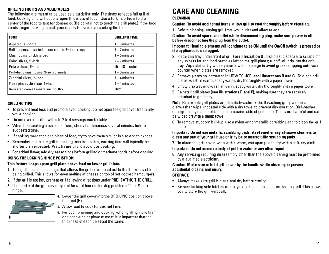 George Foreman GRP72CTBCAN manual Care And Cleaning 
