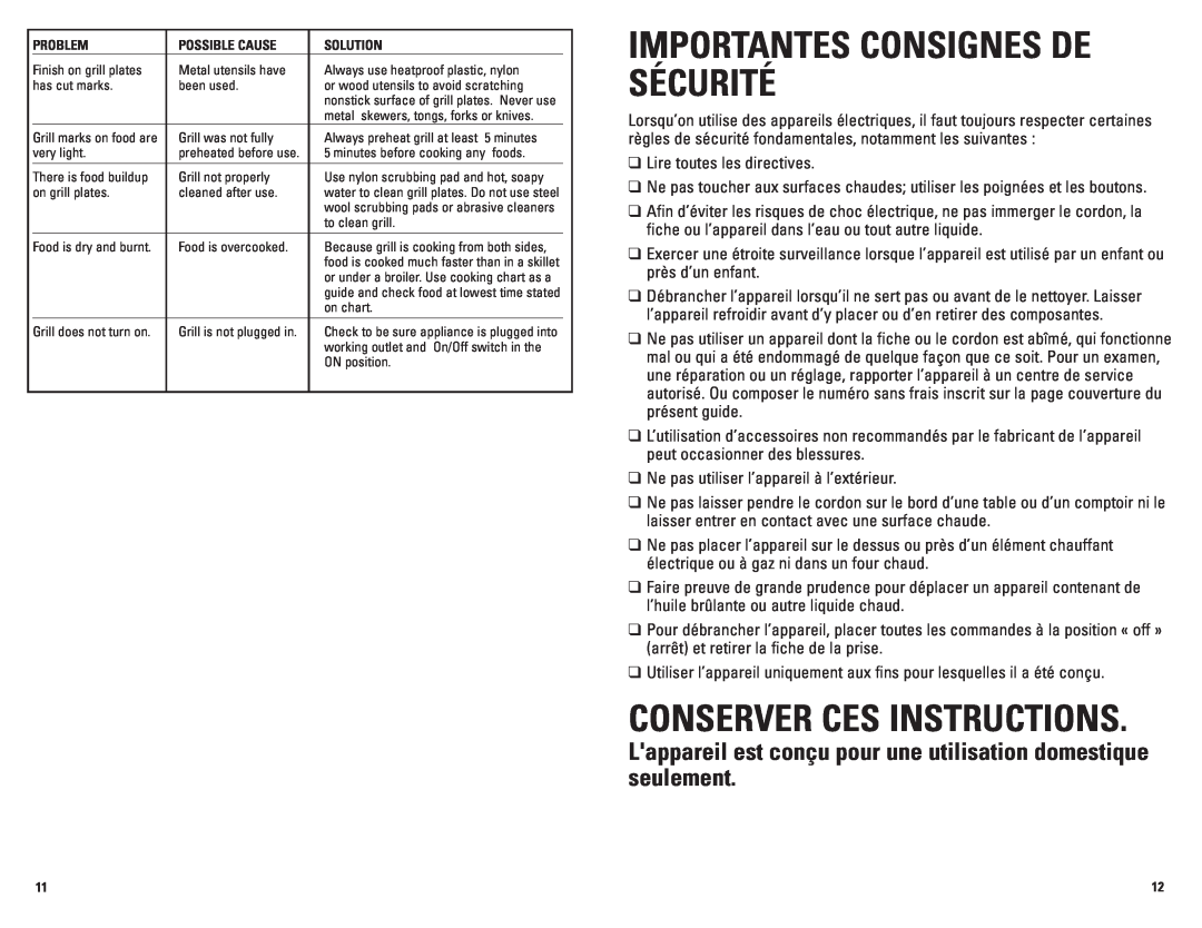 George Foreman GRP72CTBCAN manual Importantes Consignes De Sécurité, Conserver Ces Instructions 