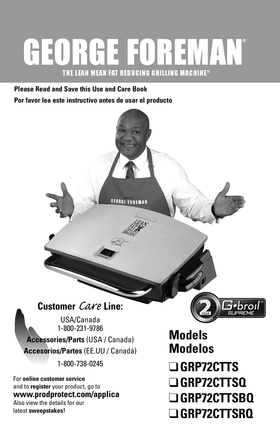 George Foreman GRP72CTTSRQ, GRP72CTTSBQ, GRP72CTTSQ manual Models Modelos, Lean Mean FAT Reducing Grilling Machine 