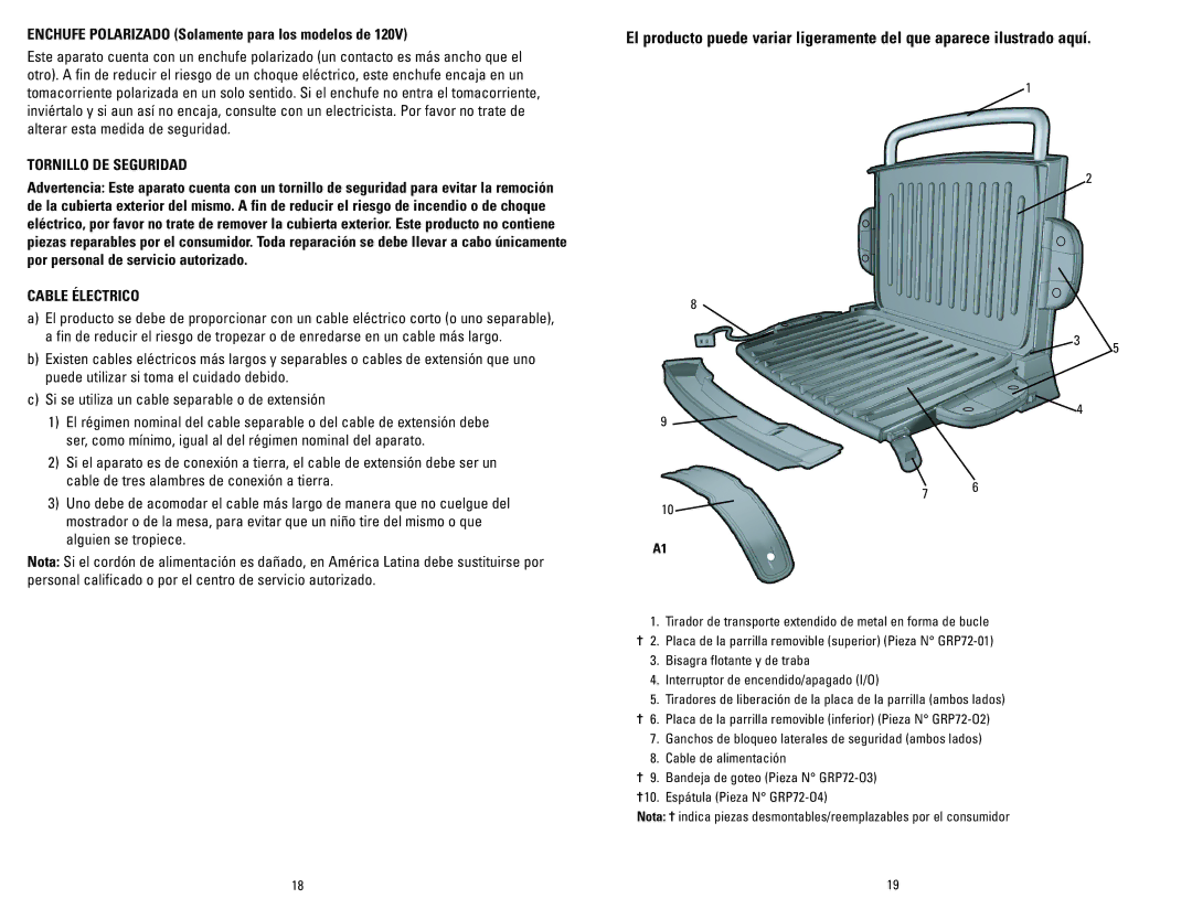 George Foreman GRP72CTTSQ manual Enchufe Polarizado Solamente para los modelos de, Tornillo DE Seguridad, Cable Électrico 