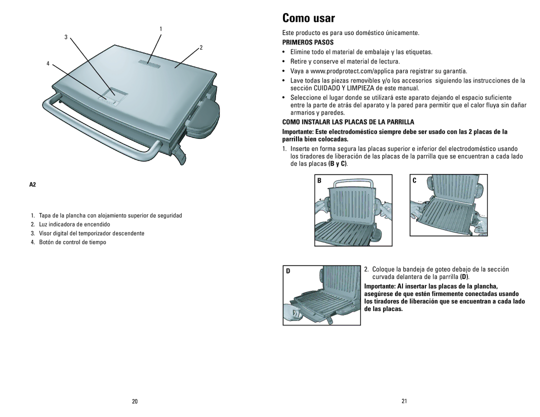 George Foreman GRP72CTTSBQ, GRP72CTTSRQ, GRP72CTTSQ Como usar, Primeros Pasos, Como Instalar LAS Placas DE LA Parrilla 